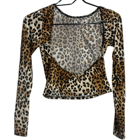 Unbranded Leopard Print Brown/Black Long Sleeve Stretchy Fitted Women's Crop Top - Picture 16 of 16